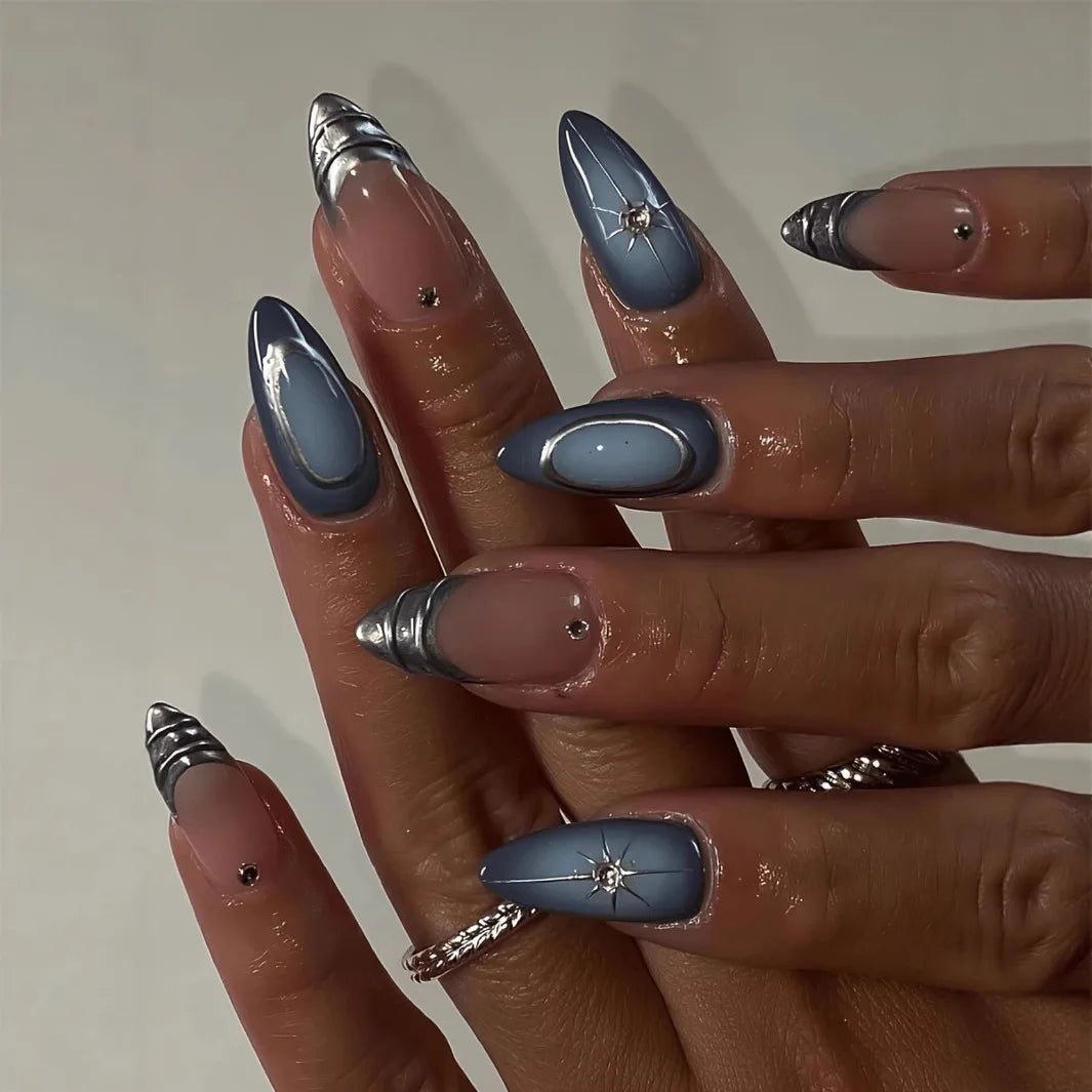 24Pcs Short Almond Nails Set Full Cover Star Moon Wave French Glitter Press on False Nails with Jelly Glue Detachable Nail Art