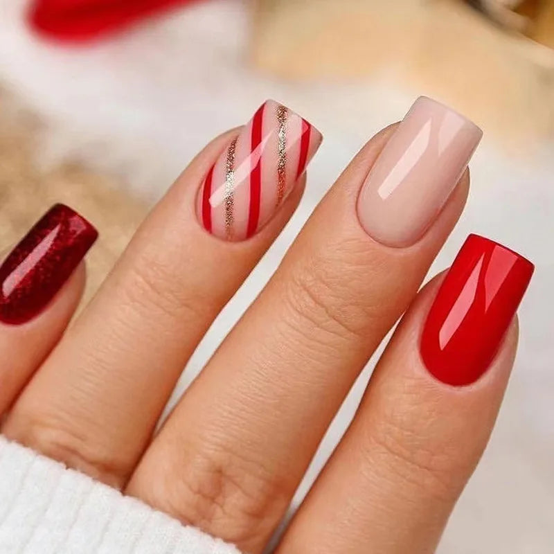 24pcs Short Fake Nail Retro Wine Red Press on Nail With Line Sequins Design Fashion False Nail Tip Manicure Wearable Detachable
