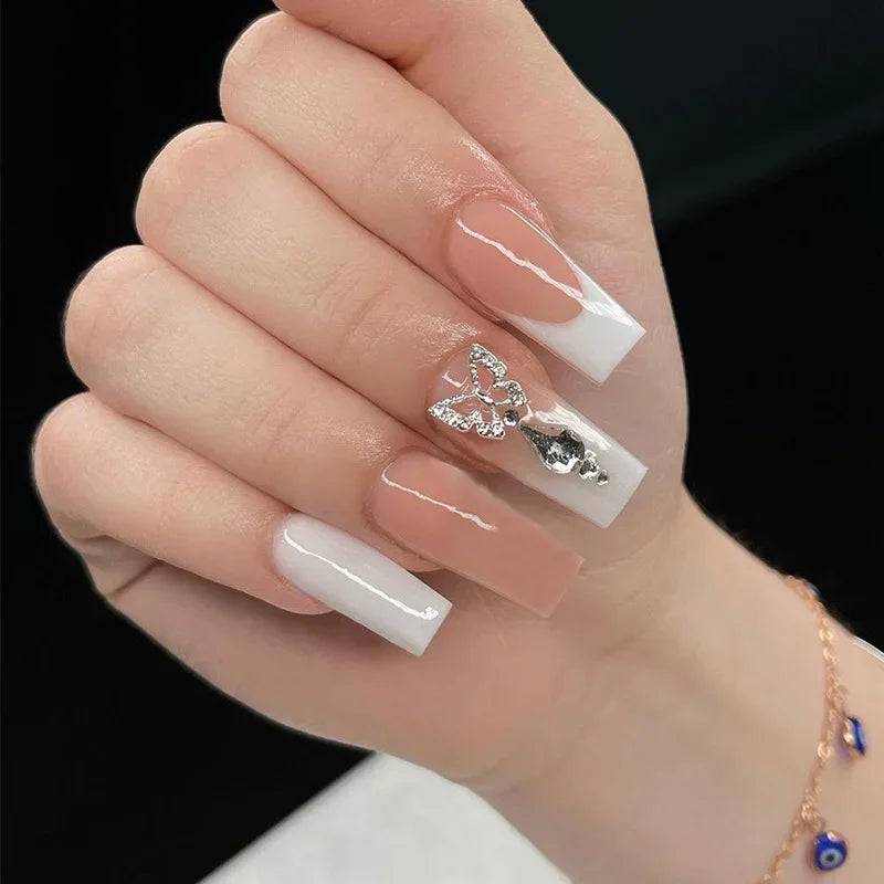 24Pcs Simple White French Press on Nails with Glue Long Ballet False Nails Wearable Coffin Fake Nails Full Cover Nail Tips