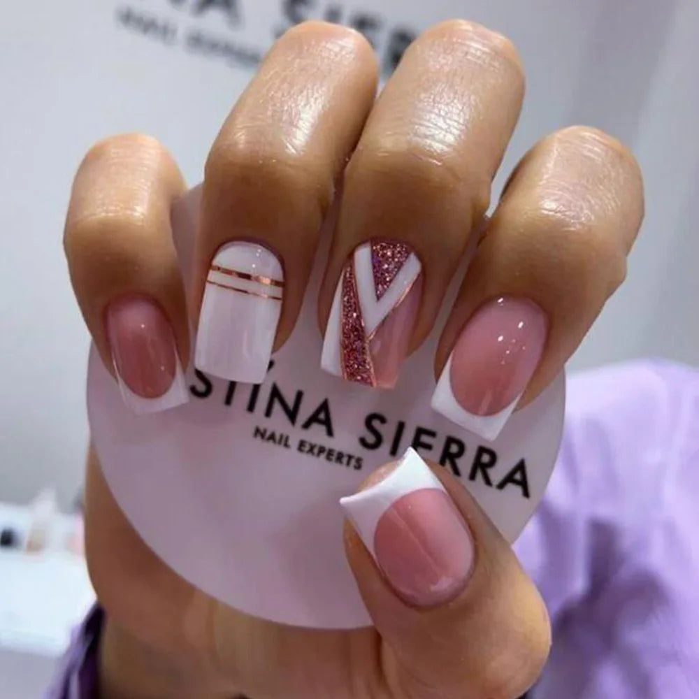 24pcs Short Fake Nail Retro Wine Red Press on Nail With Line Sequins Design Fashion False Nail Tip Manicure Wearable Detachable