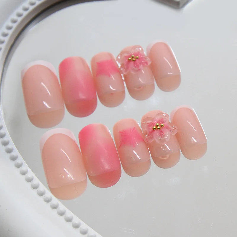 24pcs Pink Fake Nails White French 3D Flowers Press On Nails Medium Coffin Blush False Nail Patches Wearable Manicure For Women