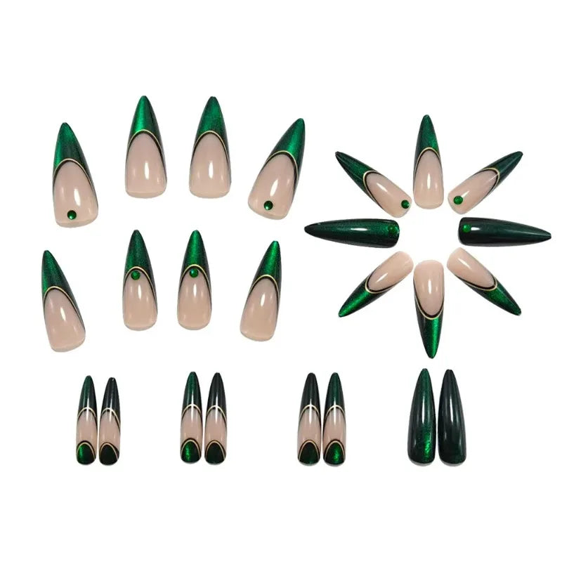 24PCS Green Cat Eye False Nails Stiletto Unique French Design Fake Nails Sweet Cool Detachable Press on Nails Spice Girls Almond