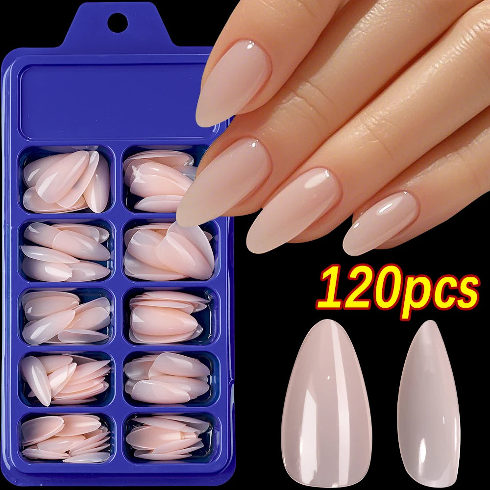 120/100Pcs Almond Fake Nails Extension Wearable Full Cover False Nail Solid Color Mid-length Stiletto/Square Press on Nails