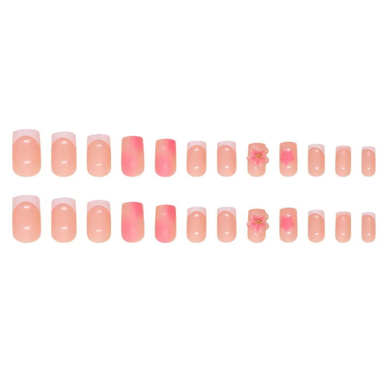 24pcs Pink Fake Nails White French 3D Flowers Press On Nails Medium Coffin Blush False Nail Patches Wearable Manicure For Women
