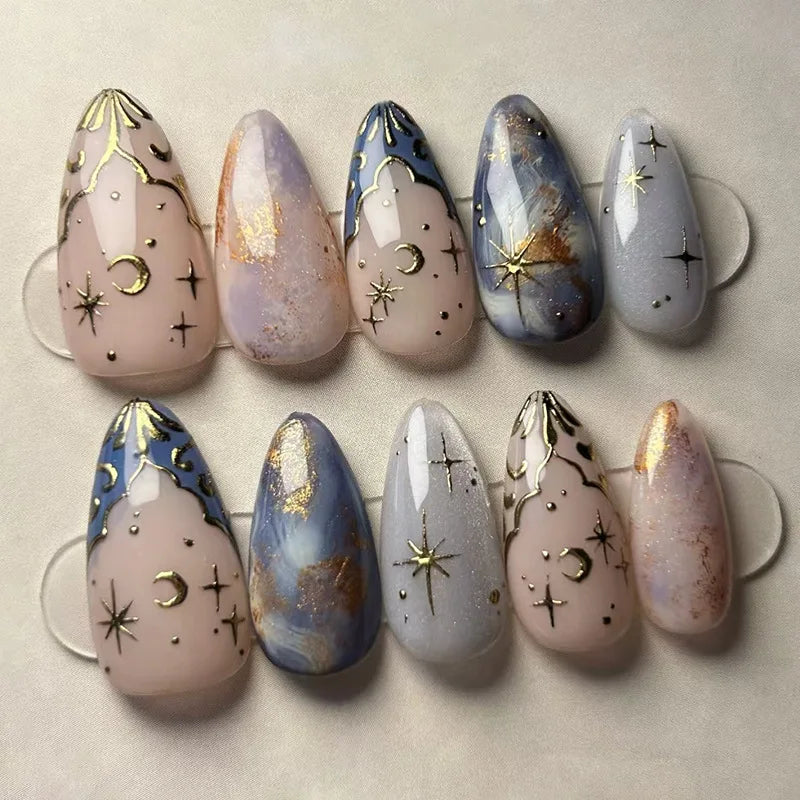 24Pcs Short Almond Nails Set Full Cover Star Moon Wave French Glitter Press on False Nails with Jelly Glue Detachable Nail Art