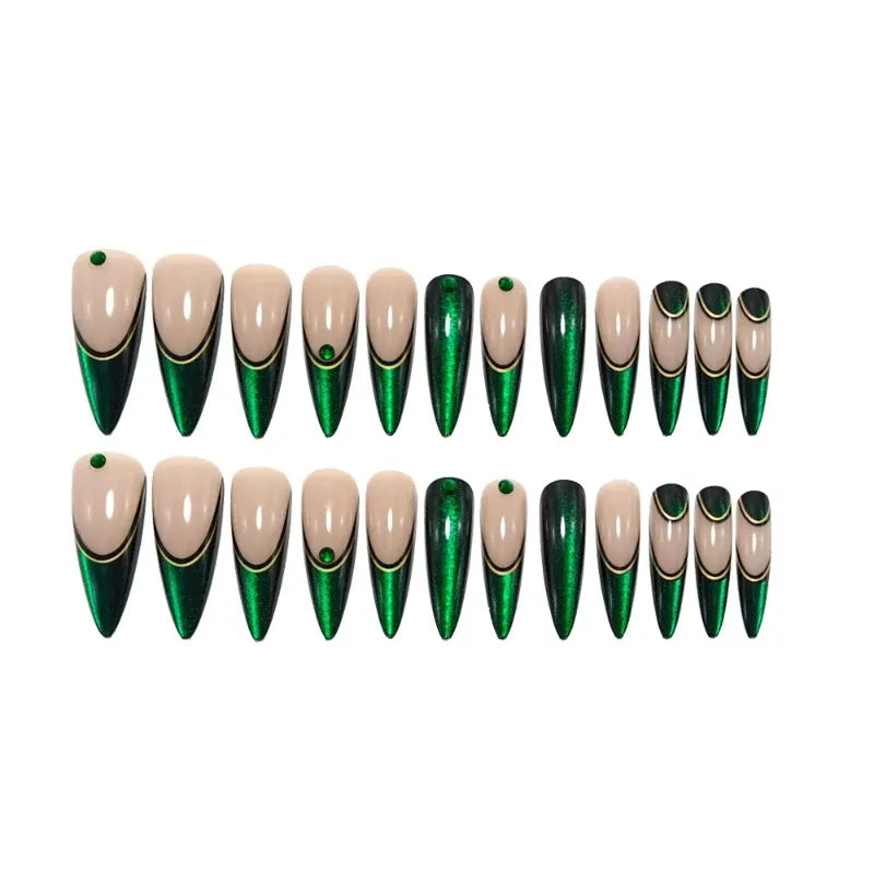 24PCS Green Cat Eye False Nails Stiletto Unique French Design Fake Nails Sweet Cool Detachable Press on Nails Spice Girls Almond