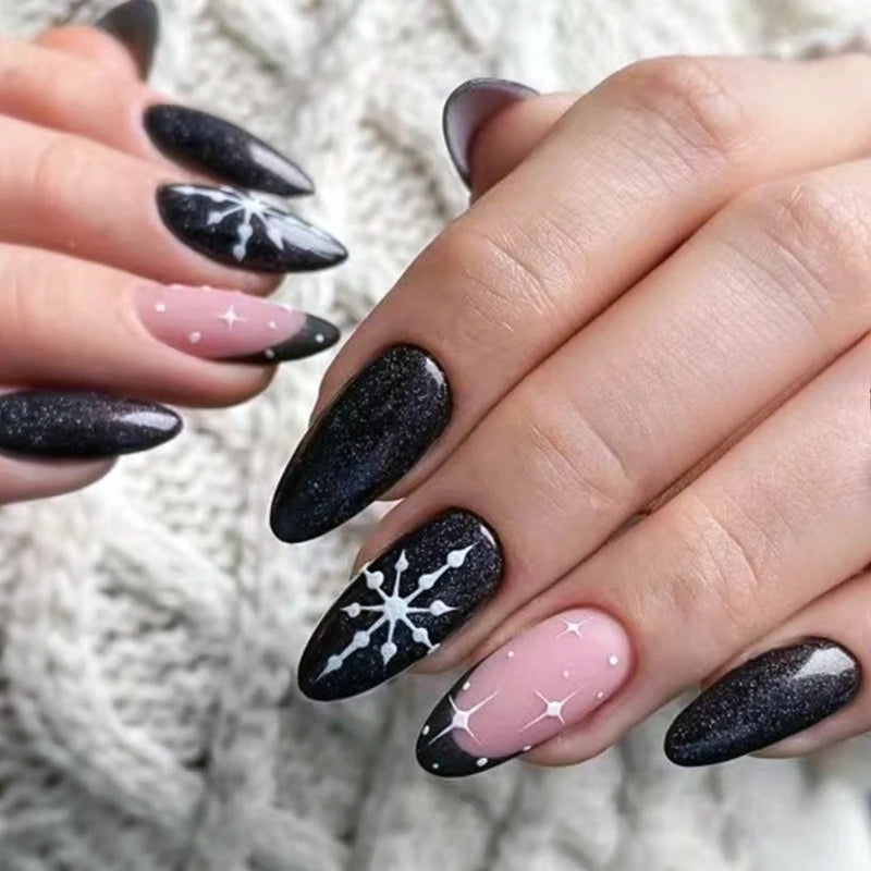 24Pcs Short Almond Nails Set Full Cover Star Moon Wave French Glitter Press on False Nails with Jelly Glue Detachable Nail Art