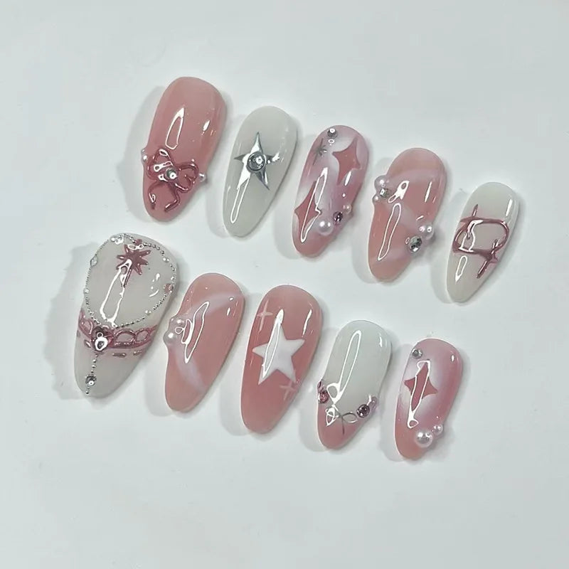 24Pcs Short Almond Nails Set Full Cover Star Moon Wave French Glitter Press on False Nails with Jelly Glue Detachable Nail Art