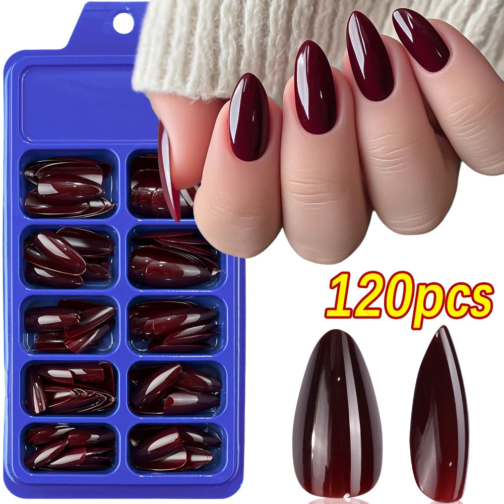 120/100Pcs Almond Fake Nails Extension Wearable Full Cover False Nail Solid Color Mid-length Stiletto/Square Press on Nails