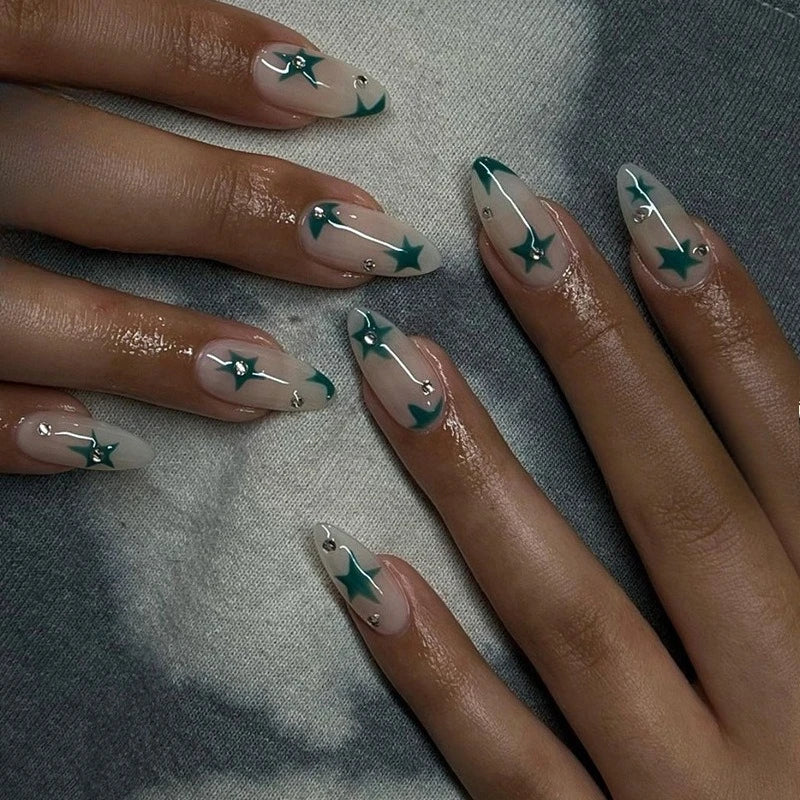 24Pcs Short Almond Nails Set Full Cover Star Moon Wave French Glitter Press on False Nails with Jelly Glue Detachable Nail Art