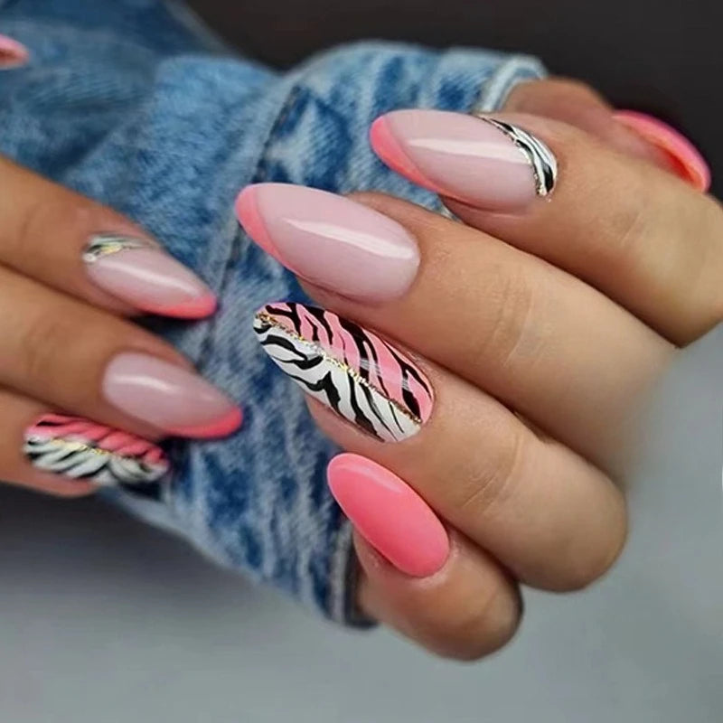 24Pcs Short Almond Nails Set Full Cover Star Moon Wave French Glitter Press on False Nails with Jelly Glue Detachable Nail Art