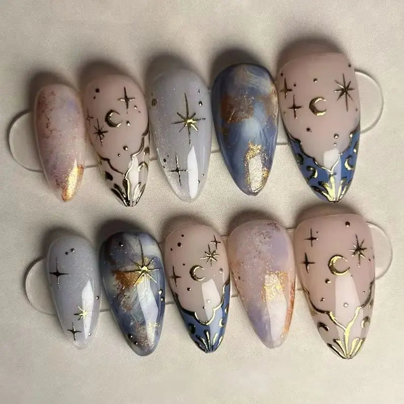 24Pcs Short Almond Nails Set Full Cover Star Moon Wave French Glitter Press on False Nails with Jelly Glue Detachable Nail Art