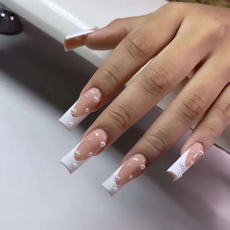 24Pcs Simple White French Press on Nails with Glue Long Ballet False Nails Wearable Coffin Fake Nails Full Cover Nail Tips