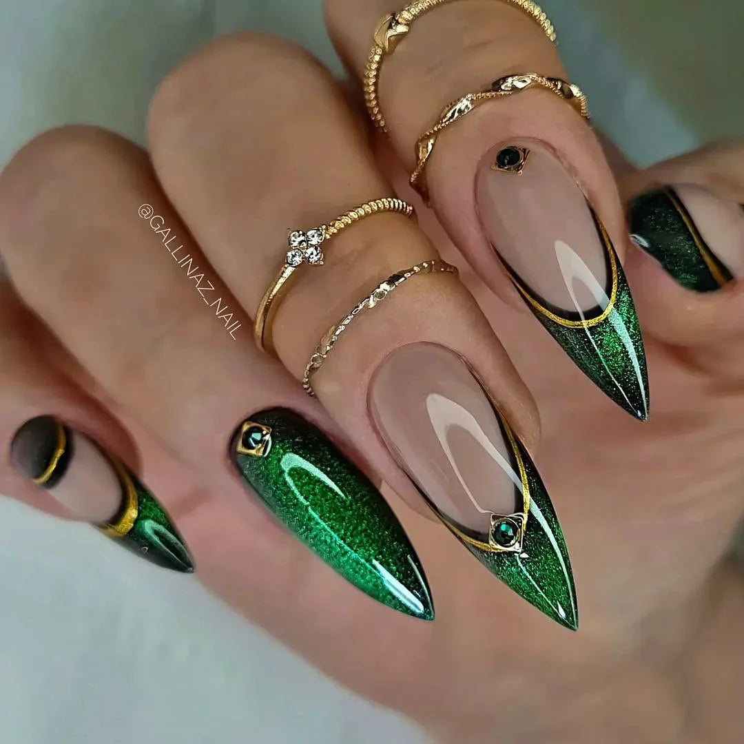 24PCS Green Cat Eye False Nails Stiletto Unique French Design Fake Nails Sweet Cool Detachable Press on Nails Spice Girls Almond