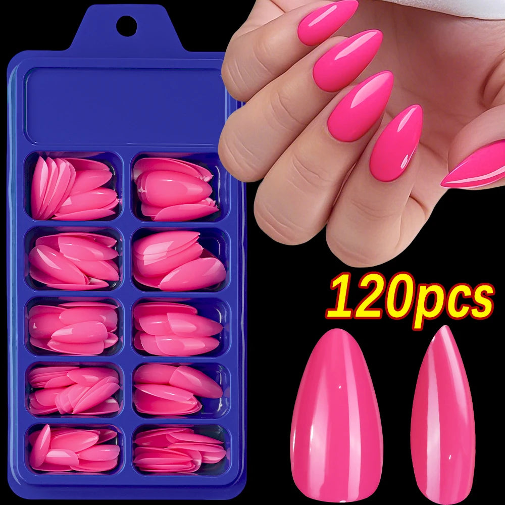 120/100Pcs Almond Fake Nails Extension Wearable Full Cover False Nail Solid Color Mid-length Stiletto/Square Press on Nails