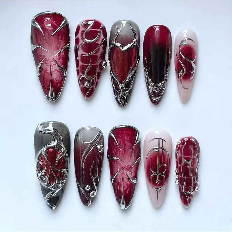 24Pcs Red Smudge False Nails Silver Heart Irregular with Design Press on Fake Nails Long Stiletto Wearable Full Cover Nails Tips
