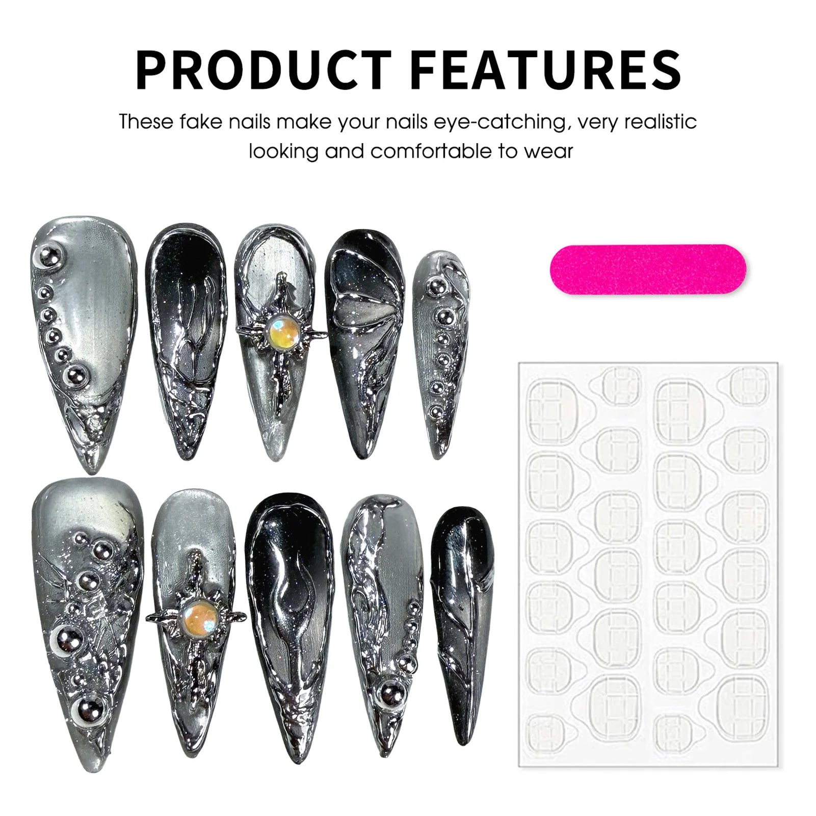 10pcs Cool Silver Cat's Eyes Long Pointed Press On Nails 3D Magic Mirror Powder Handmade False Nails Metal Star Decor Fake Nails