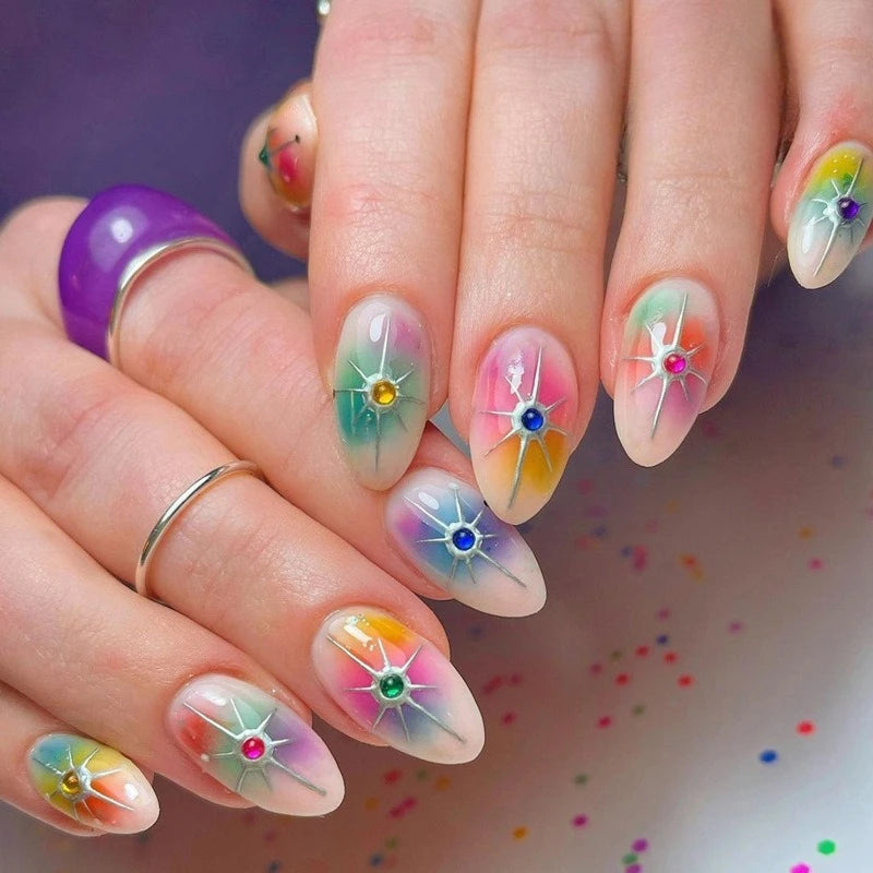 24Pcs Short Almond Nails Set Full Cover Star Moon Wave French Glitter Press on False Nails with Jelly Glue Detachable Nail Art