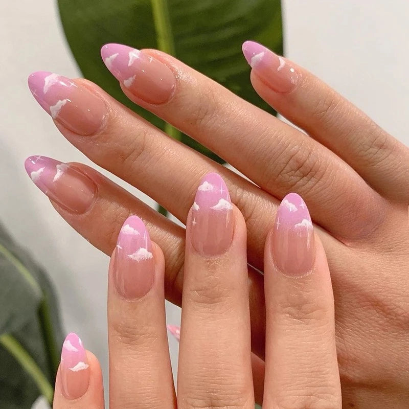 24Pcs Short Almond Nails Set Full Cover Star Moon Wave French Glitter Press on False Nails with Jelly Glue Detachable Nail Art