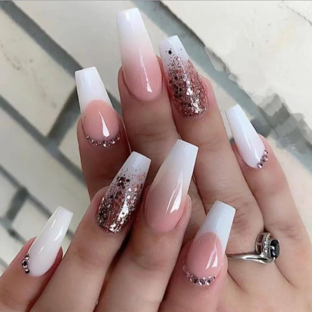 24Pcs Simple White French Press on Nails with Glue Long Ballet False Nails Wearable Coffin Fake Nails Full Cover Nail Tips