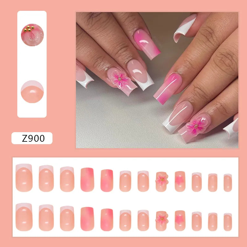 24pcs Pink Fake Nails White French 3D Flowers Press On Nails Medium Coffin Blush False Nail Patches Wearable Manicure For Women