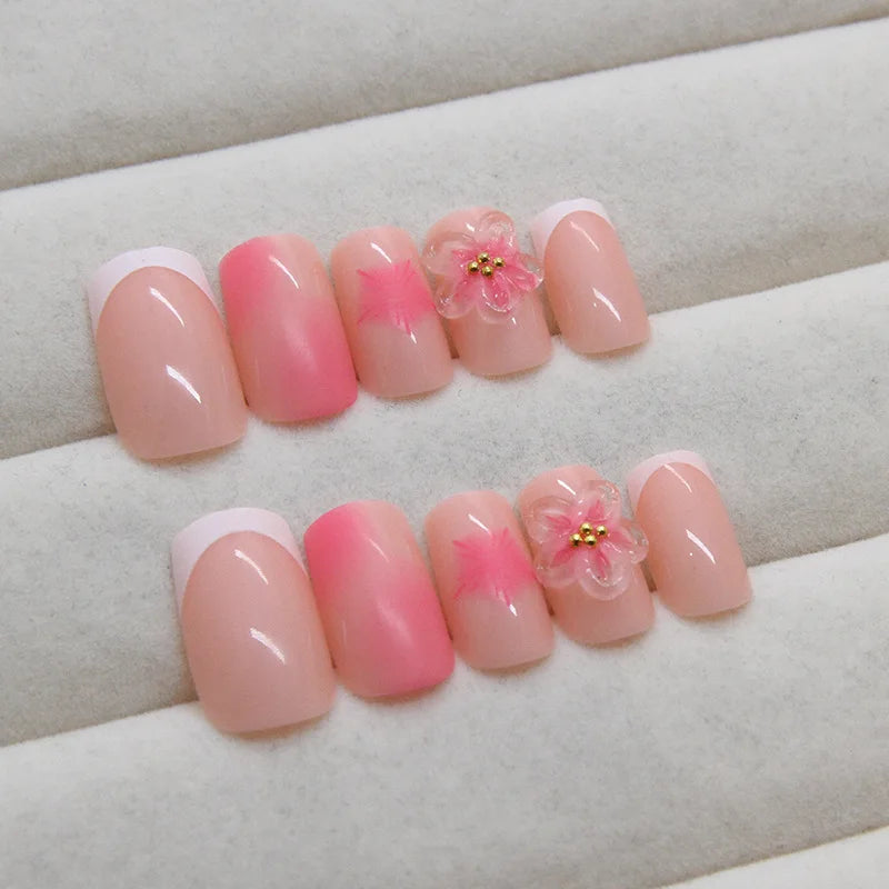24pcs Pink Fake Nails White French 3D Flowers Press On Nails Medium Coffin Blush False Nail Patches Wearable Manicure For Women
