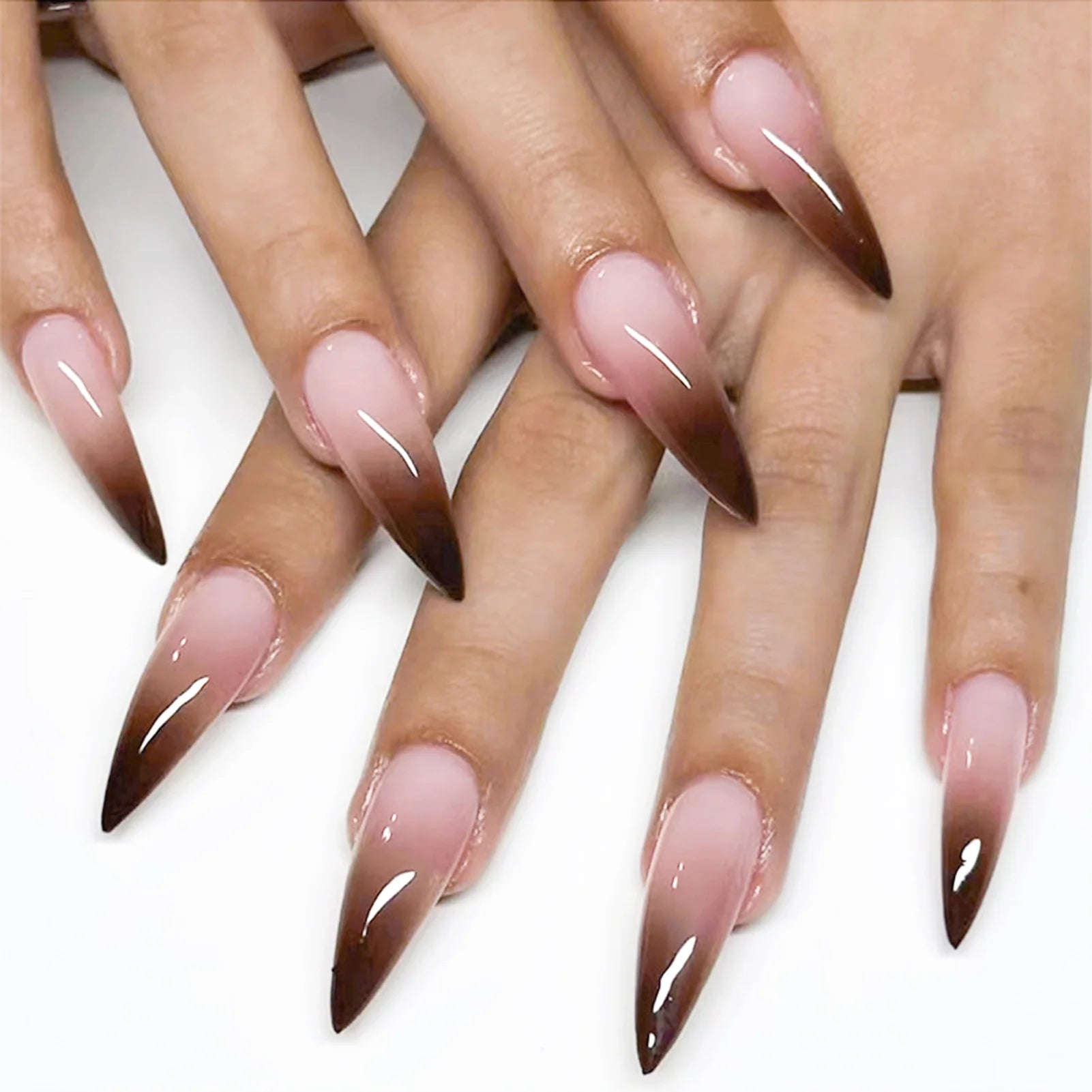 24PCS Long Tip Gentle Gradient Fake Nails Press On Acyrlic Nails Stiletto Milky Pink False Nails Pointed Fashion Nails Wearable