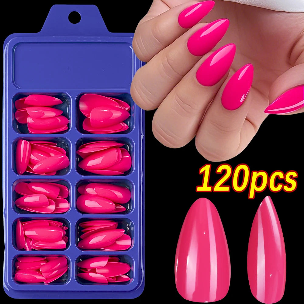 120/100Pcs Almond Fake Nails Extension Wearable Full Cover False Nail Solid Color Mid-length Stiletto/Square Press on Nails