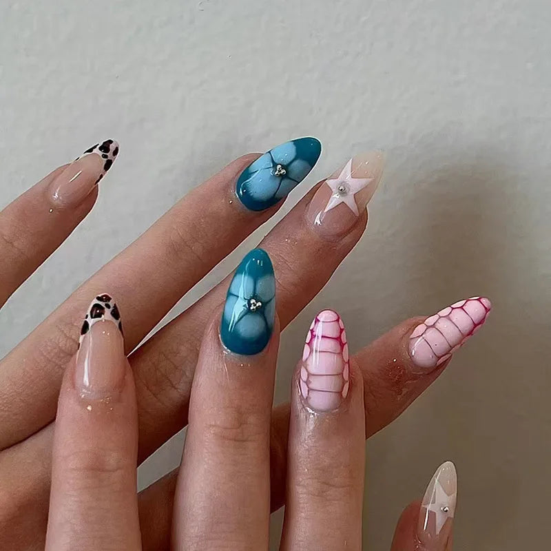 24Pcs Short Almond Nails Set Full Cover Star Moon Wave French Glitter Press on False Nails with Jelly Glue Detachable Nail Art